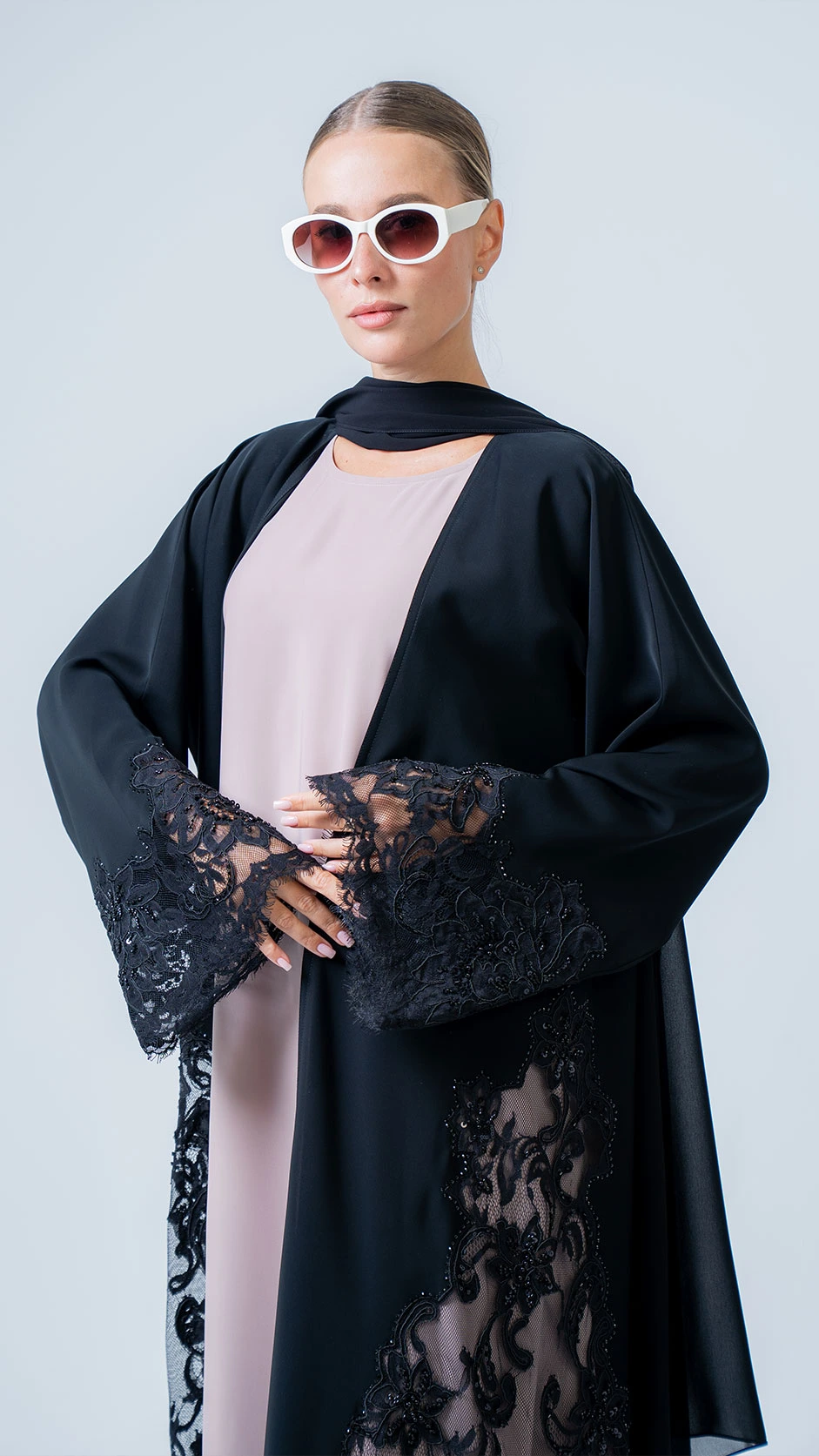 Black Floral Lace Stone Abaya