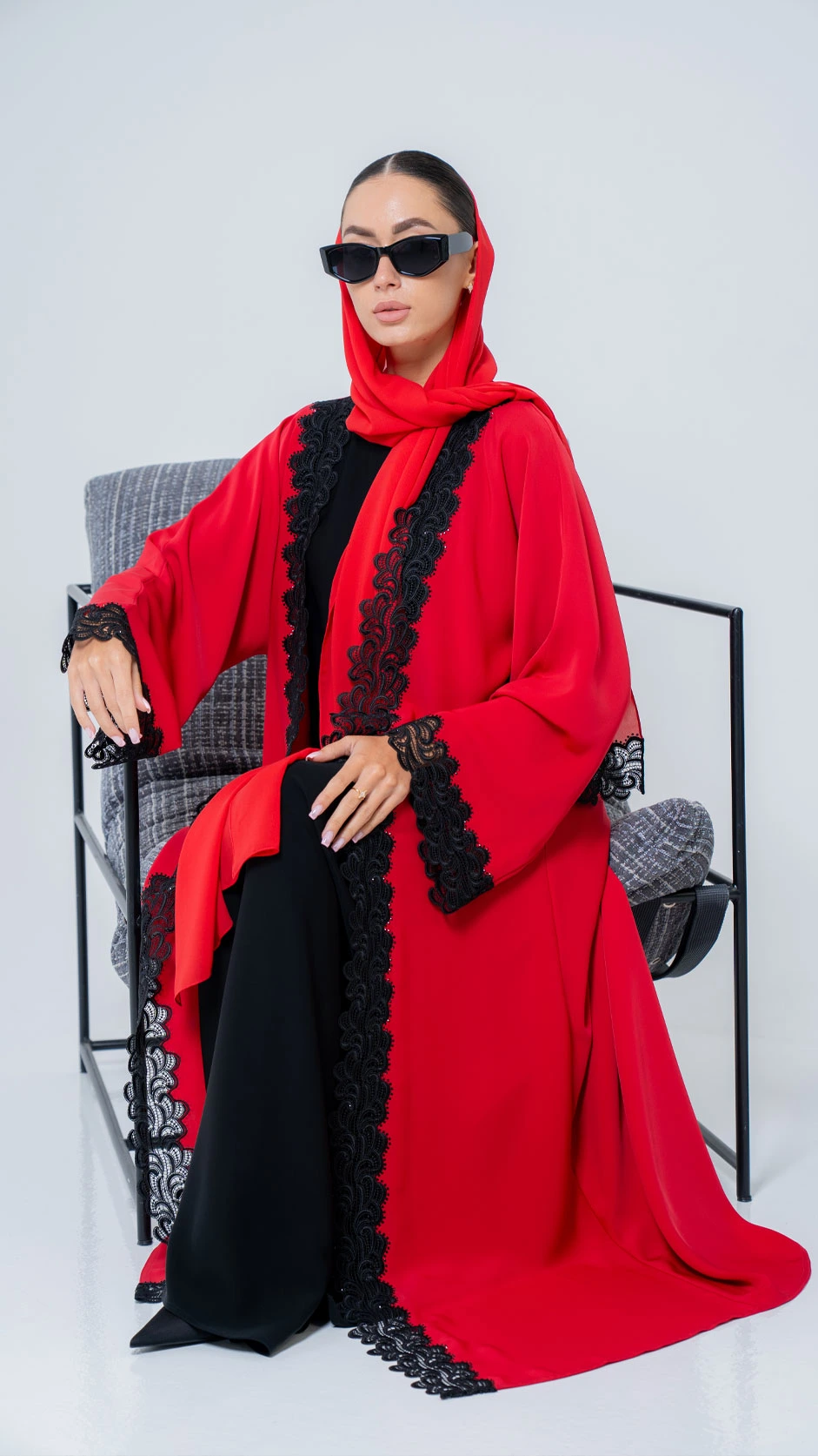 Red Open Abaya with Black Lace and Stones