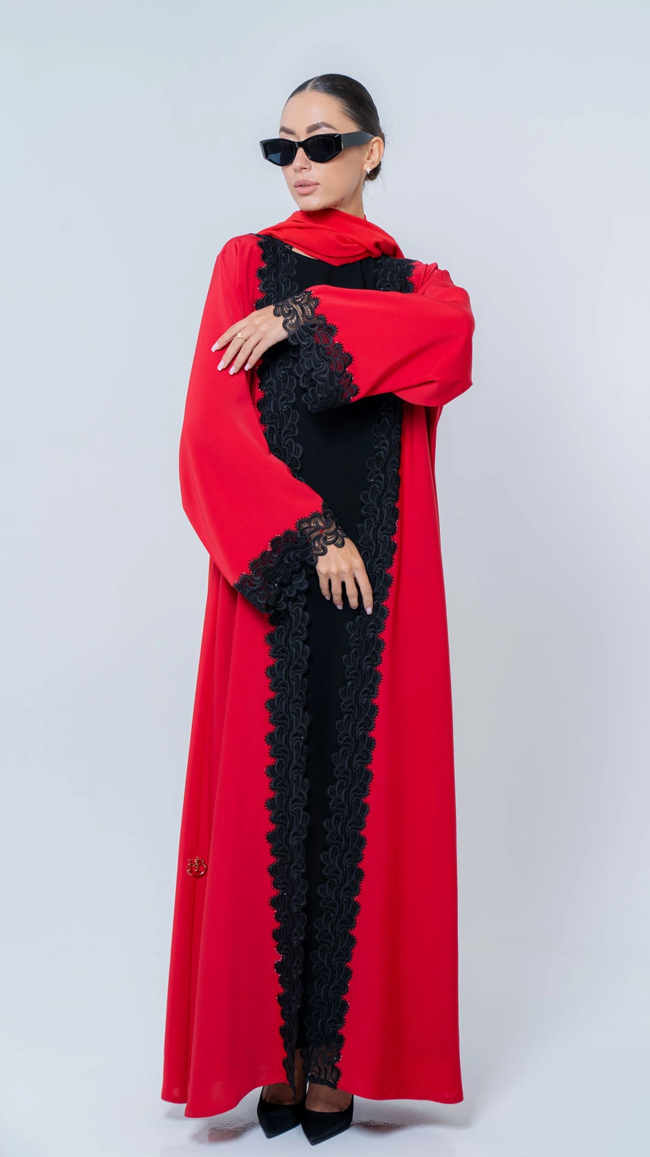 Red Open Abaya with Black Lace and Stones