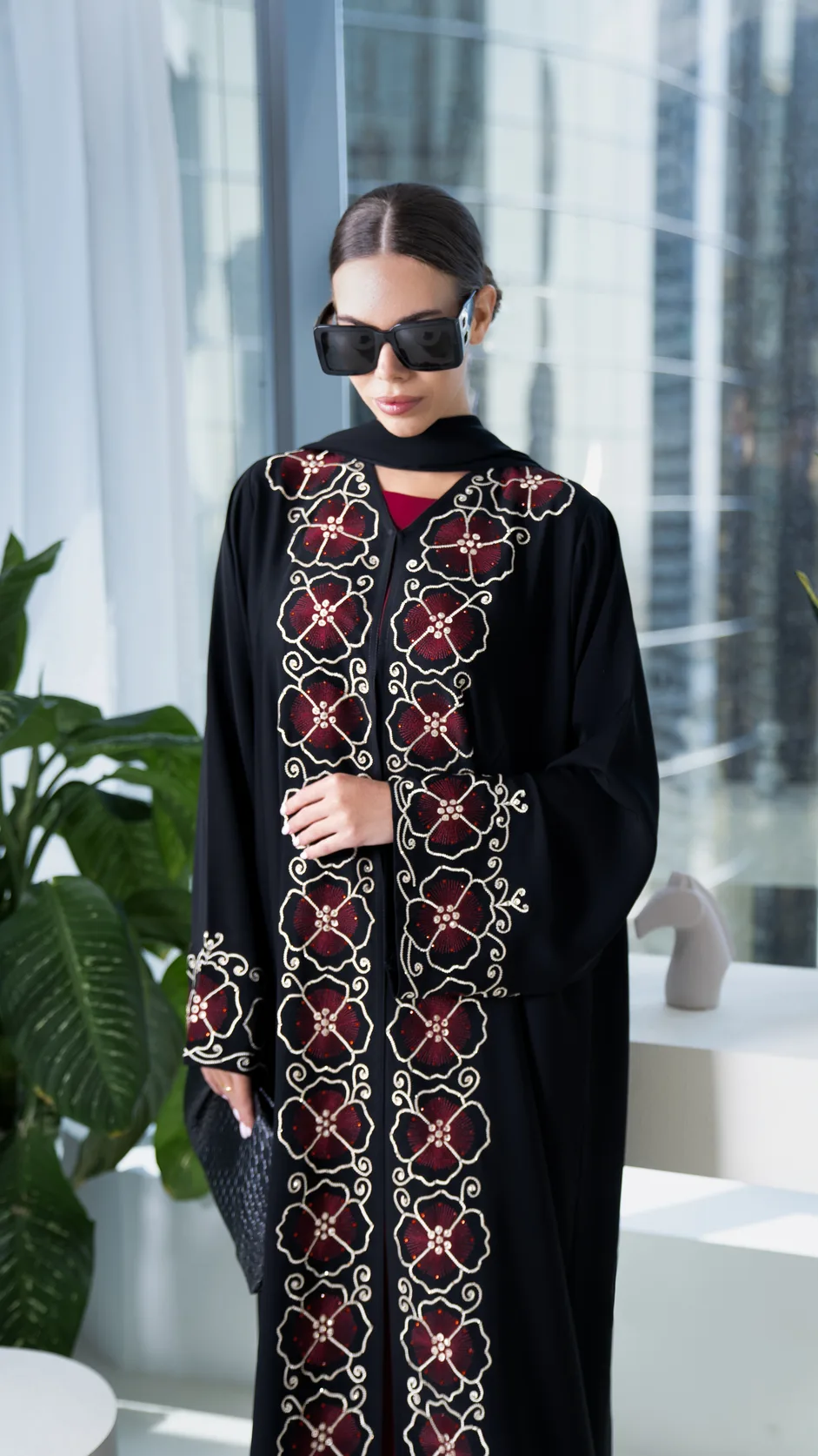 Detailed Floral Embroidered Nida Abaya with Stones