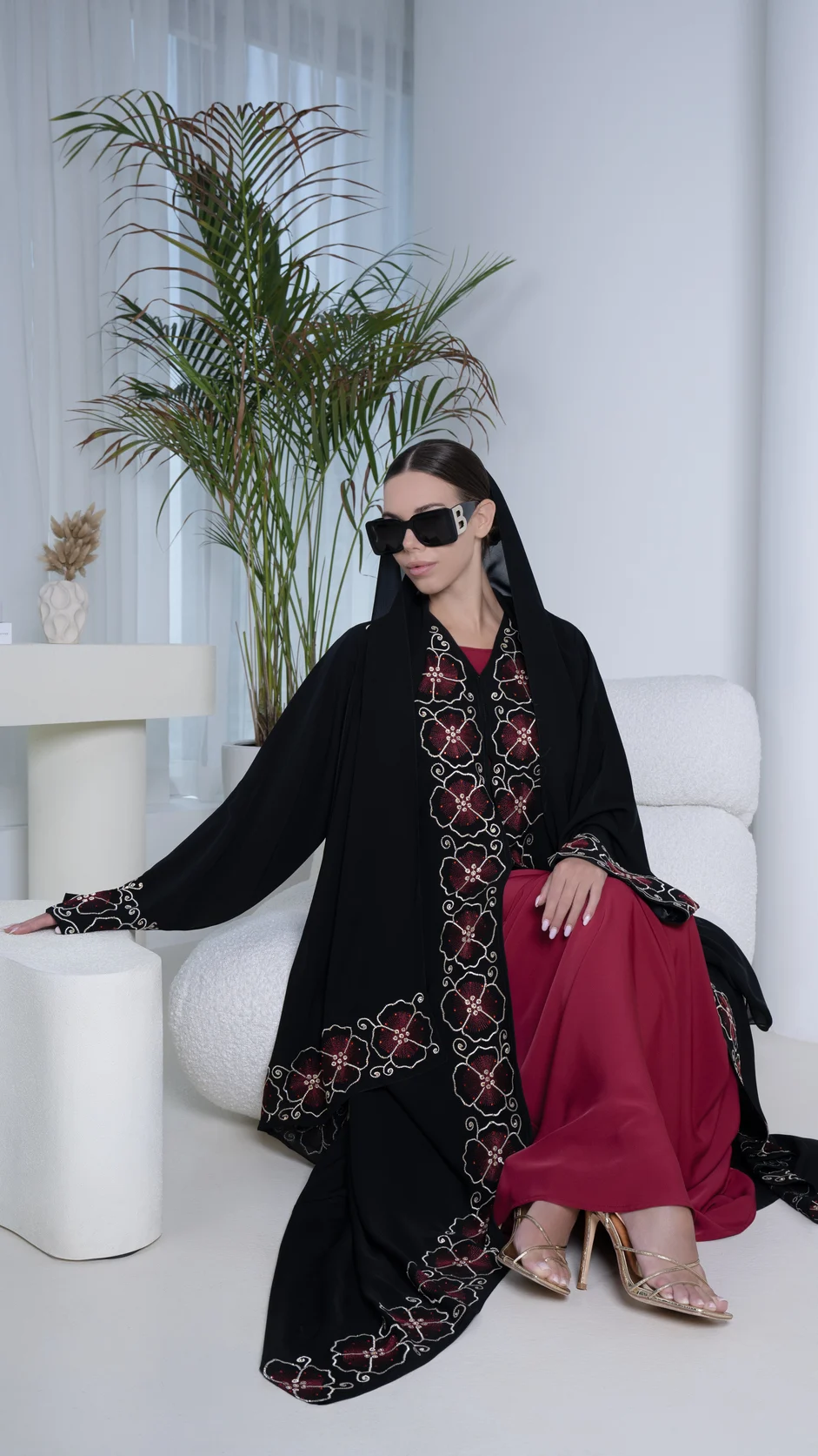 Detailed Floral Embroidered Nida Abaya with Stones