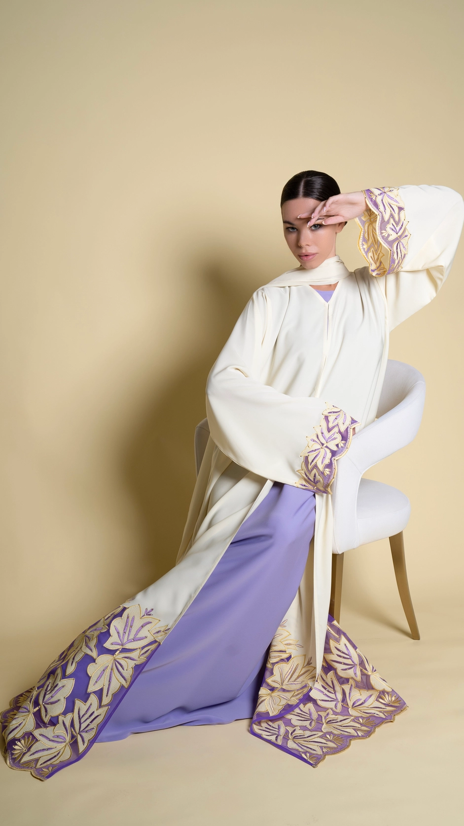Pale Yellow Floral Computer Embroidered Nida Abaya