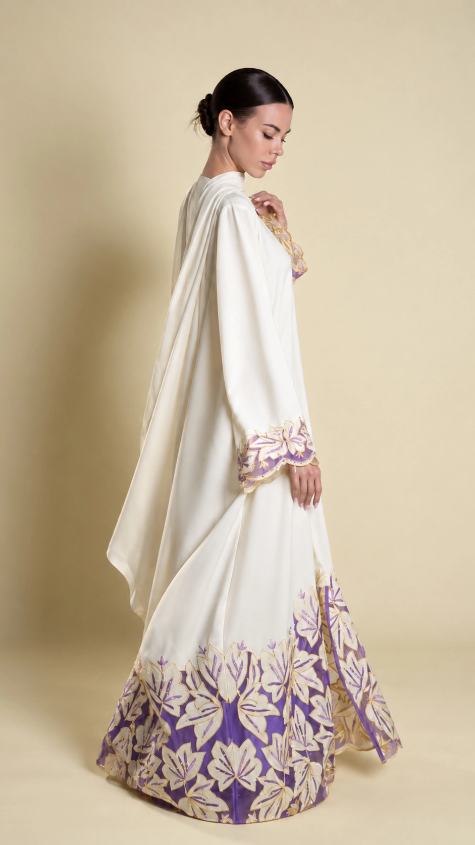 Pale Yellow Floral Computer Embroidered Nida Abaya