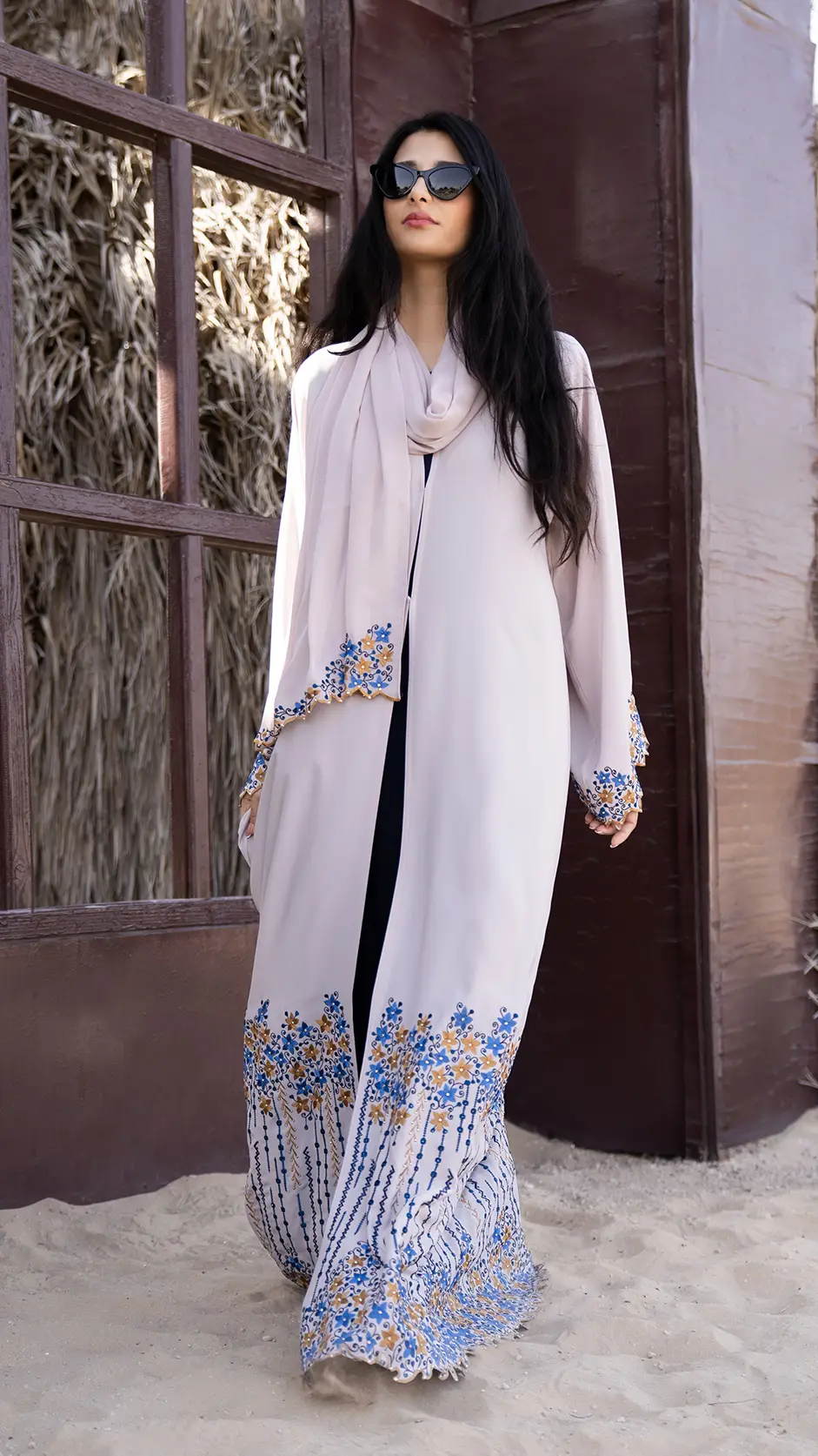 computer embroidered open abaya with stones