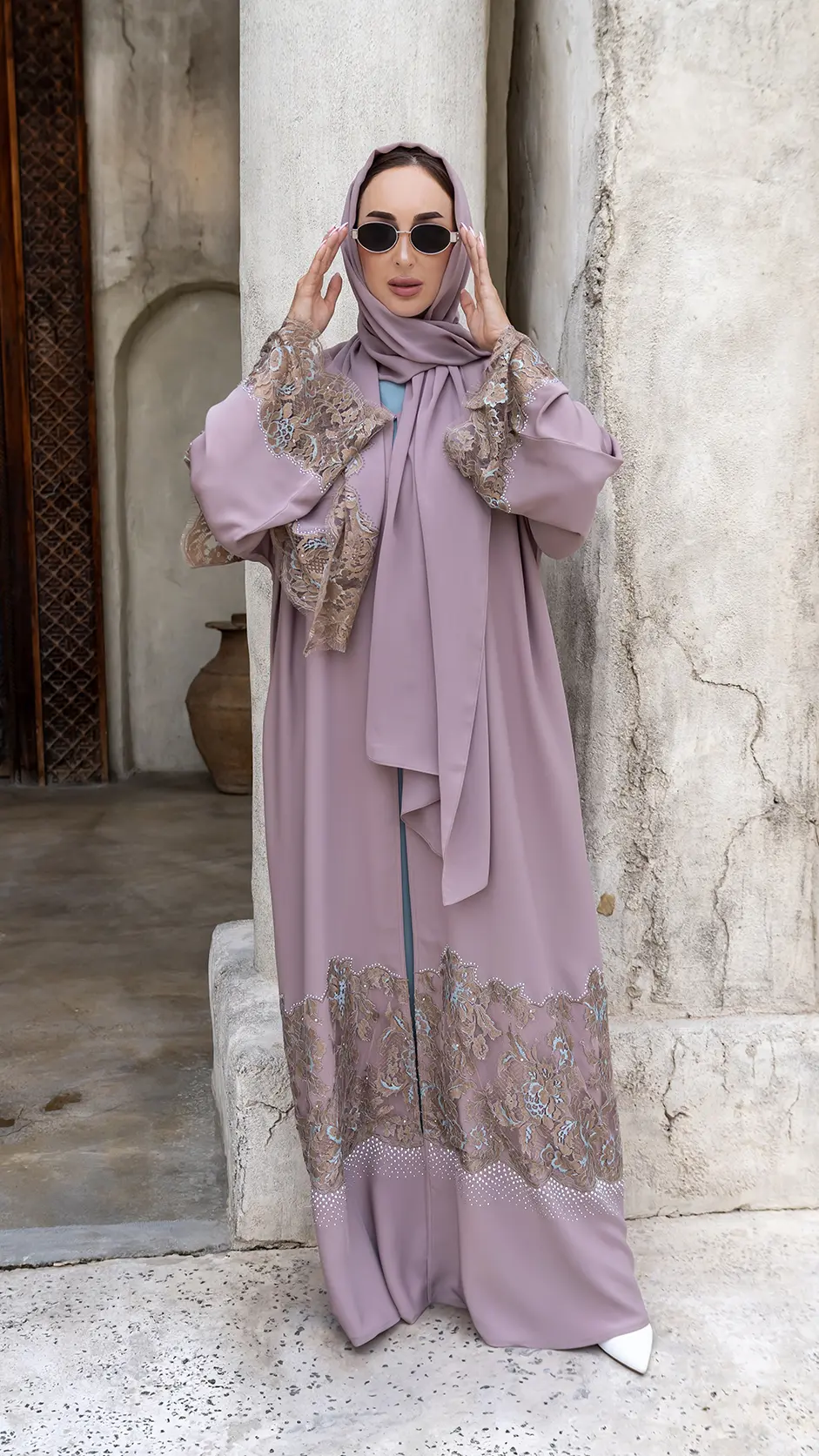 Colored Dantel Open Abaya with Stones
