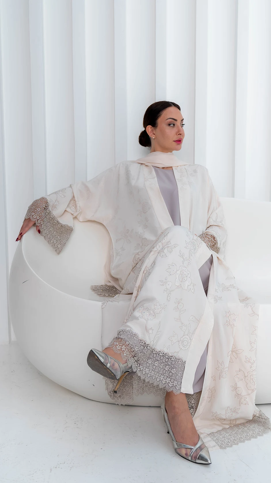 Embroidered Jacquard Abaya with Floral Lace