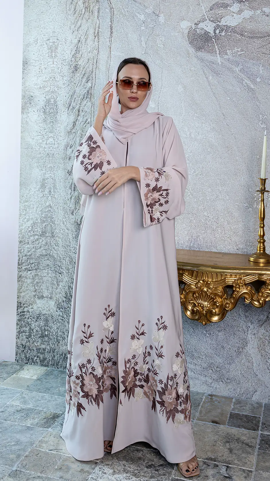 Beige Open Abaya with Machine Embroidery