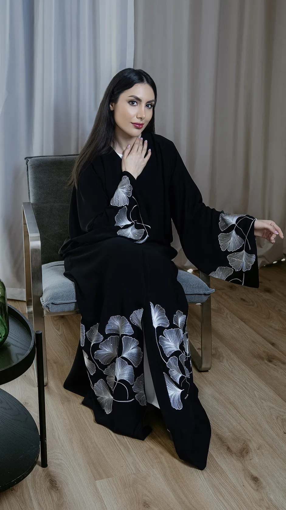 Black Computer-Embroidered Abaya with Stones