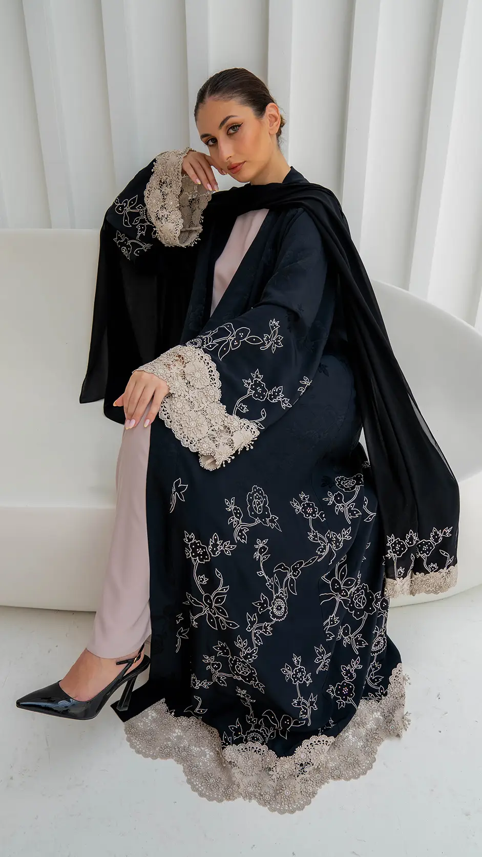 Embroidered Jacquard Abaya with Floral Lace