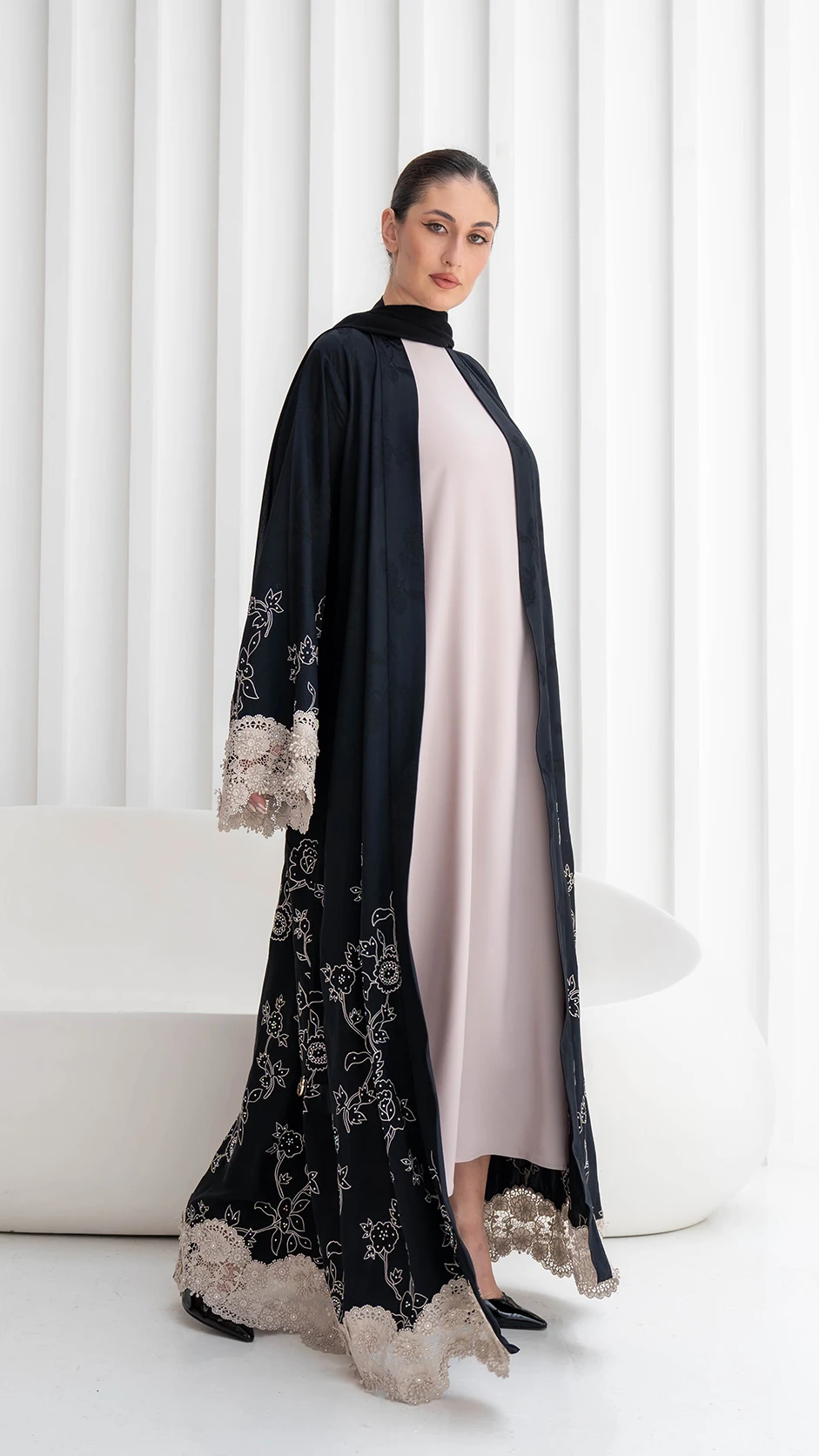 Embroidered Jacquard Abaya with Floral Lace
