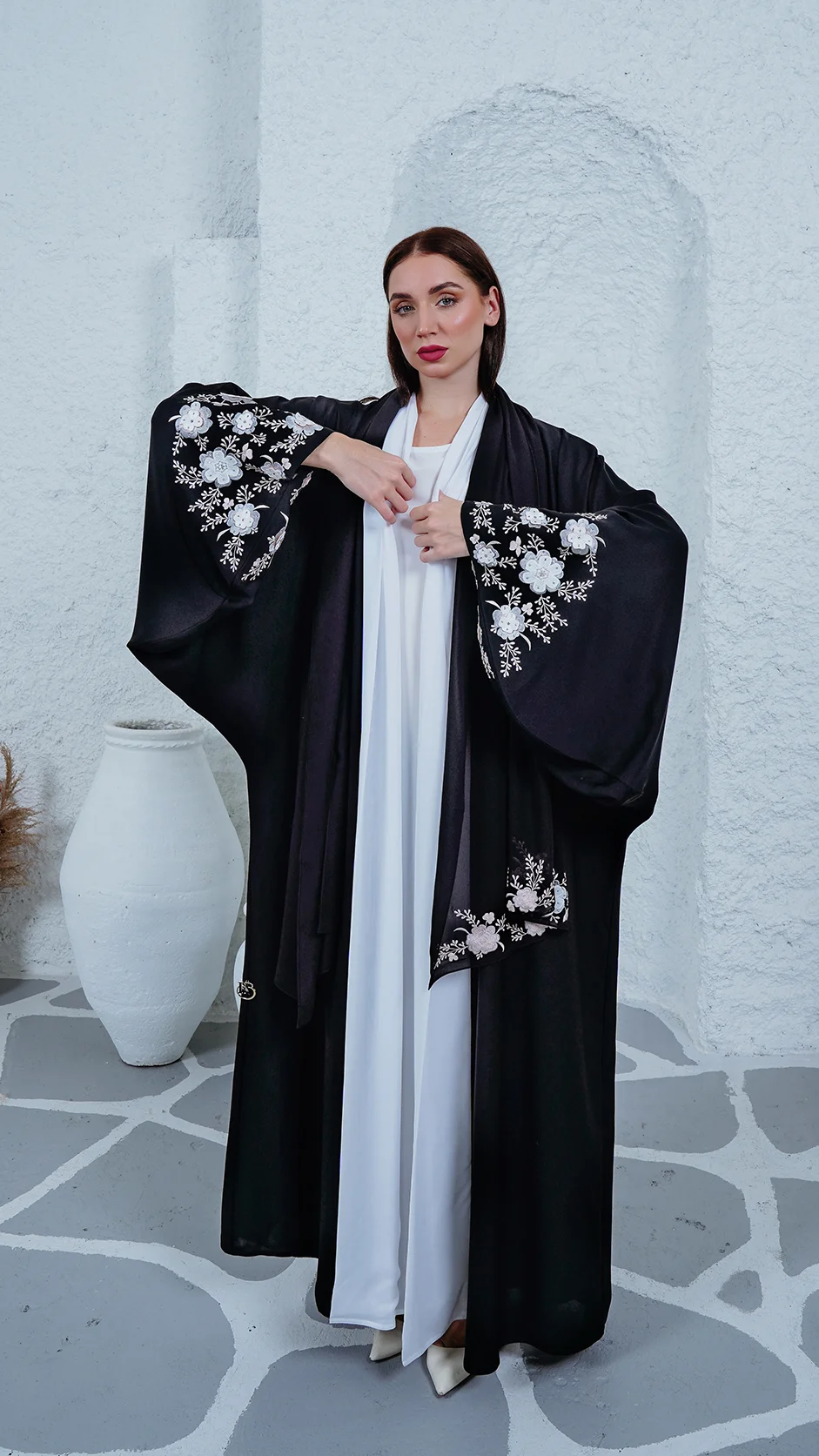 Black Embroidered Open Abaya with Stones