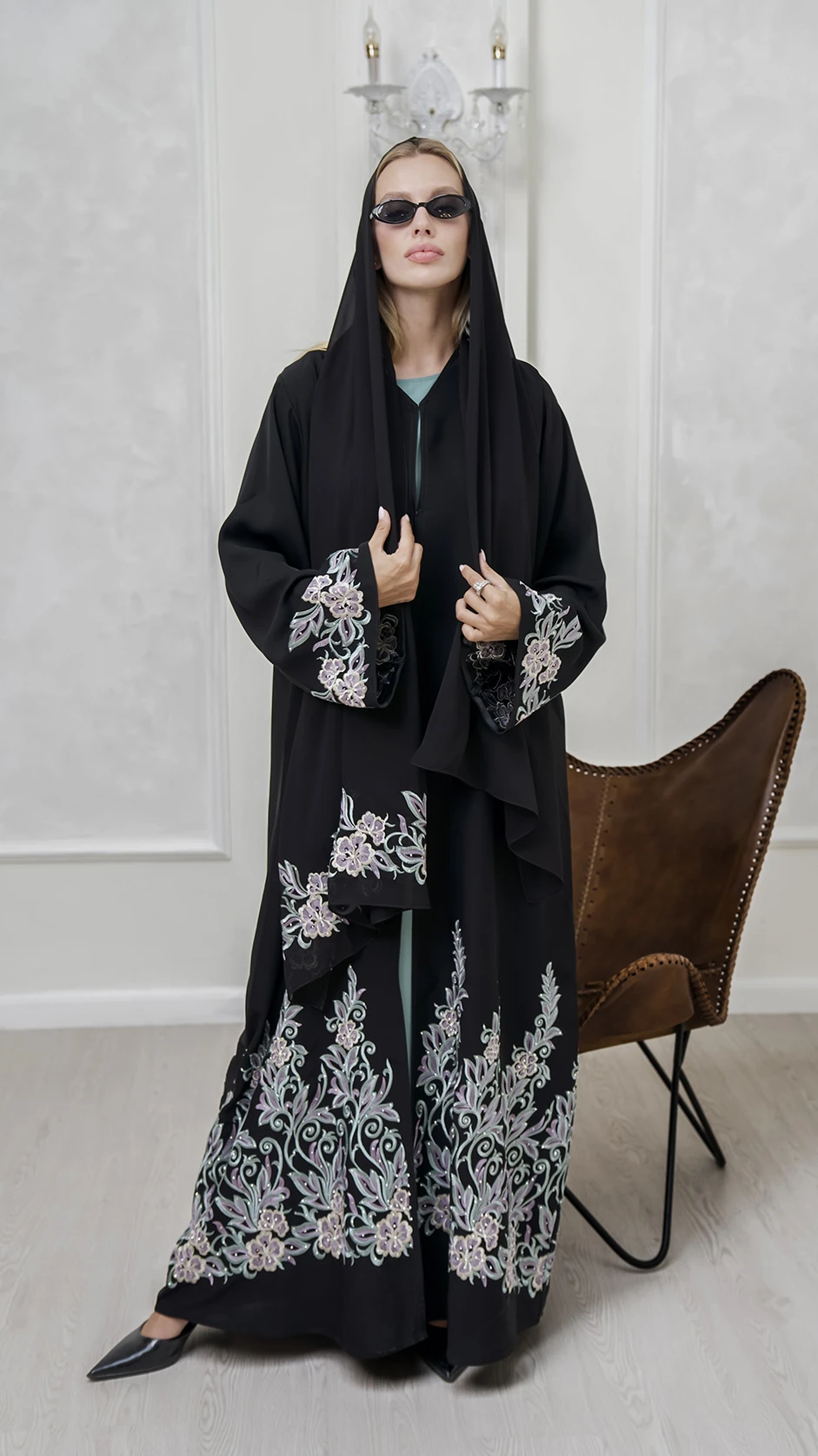 Black Floral Computer Embroidery Abaya with Stones