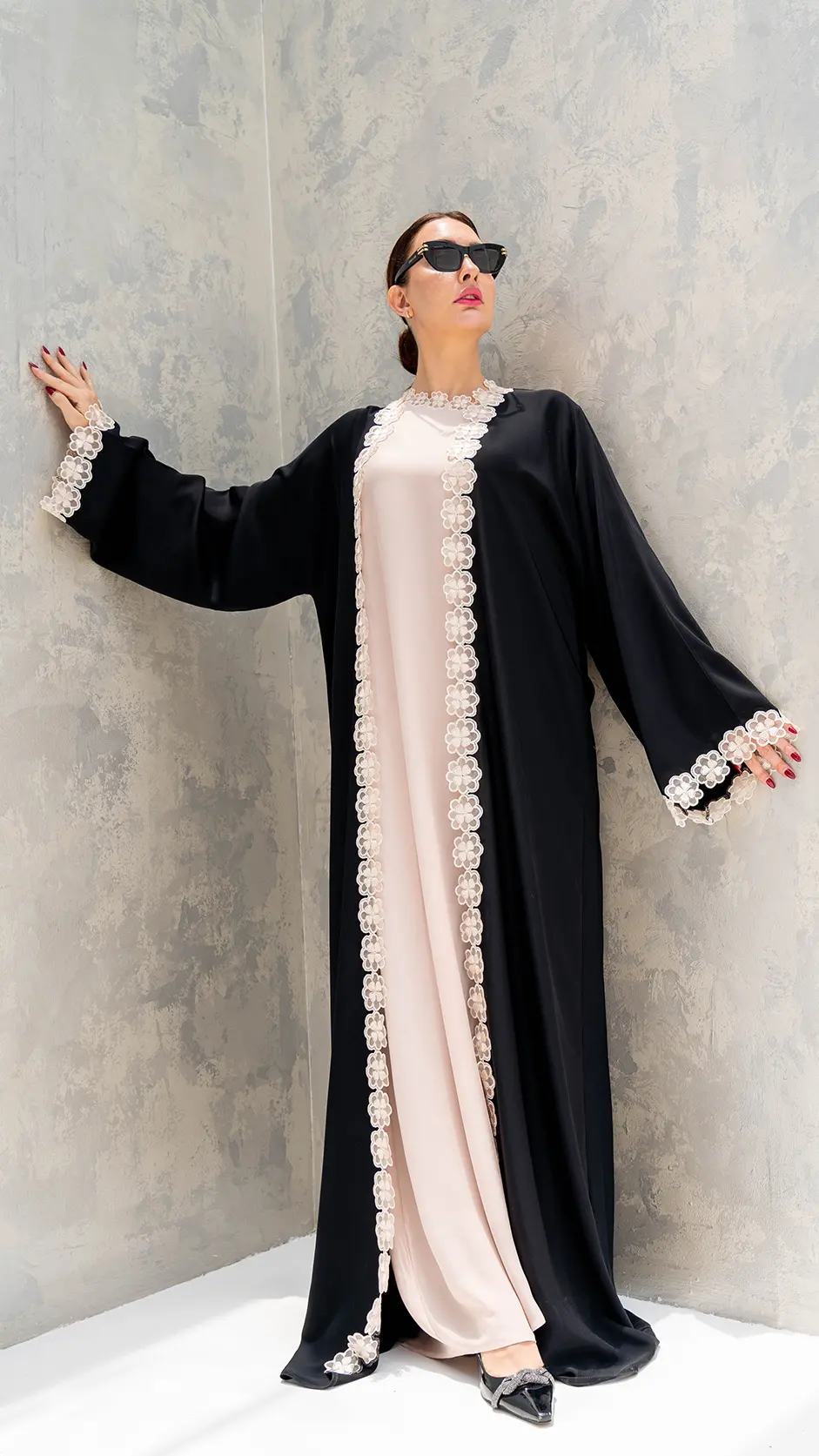 Floral Lace Nida Abaya with Stone Embellishments