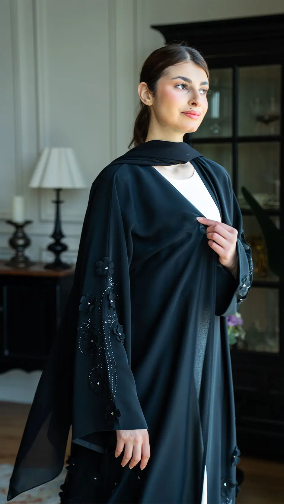 Black Floral Embroidered Abaya with Stones