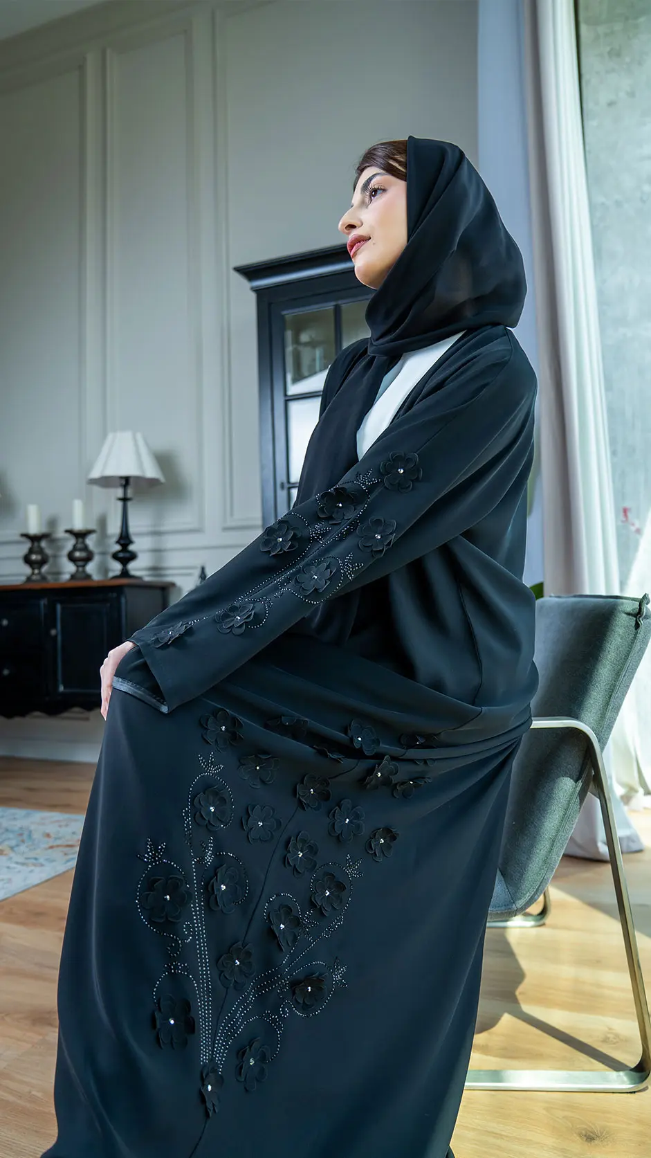 Black Floral Embroidered Abaya with Stones