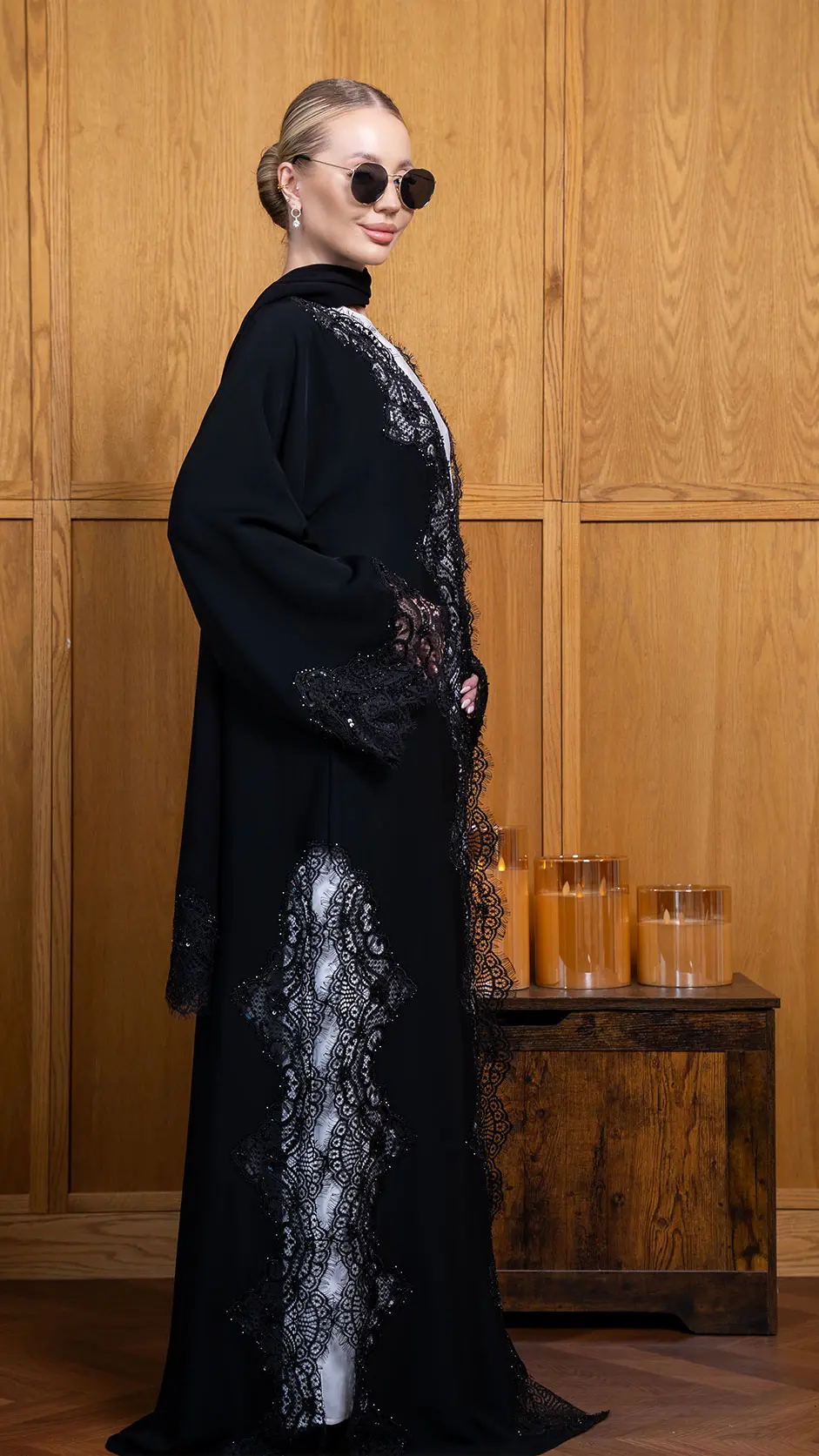 Black Beaded Lace Abaya with Stones