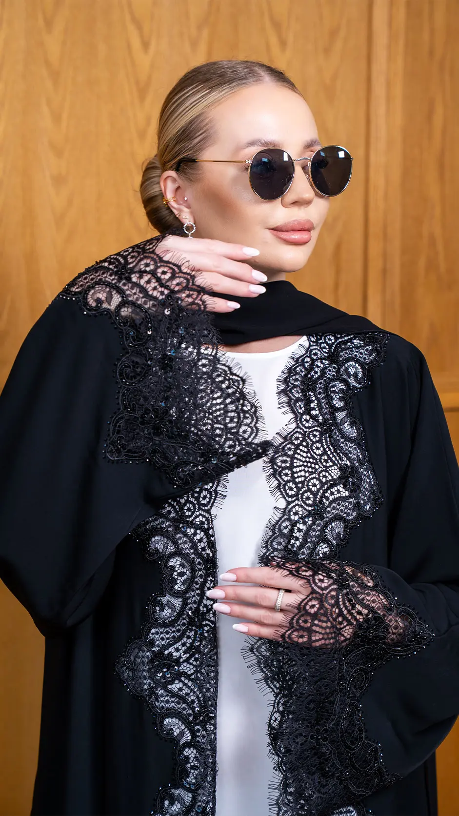 Black Beaded Lace Abaya with Stones