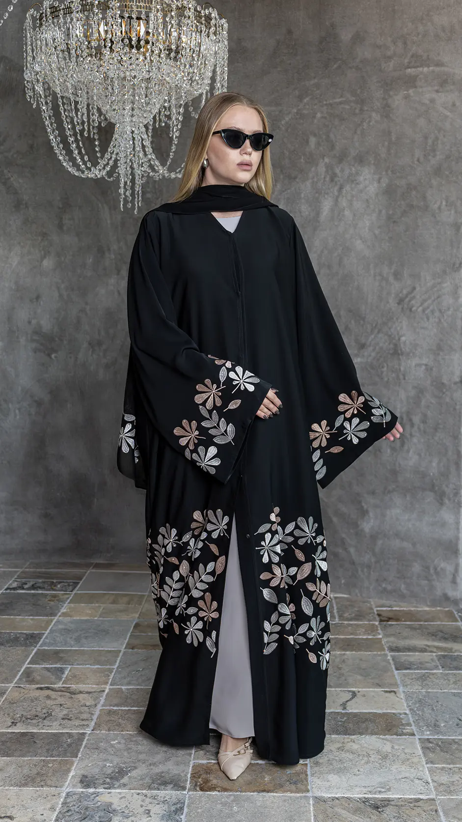 ‌‌Black Nida Abaya with Machine Embroidery
