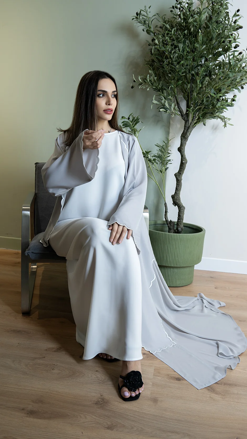 Bright Gray Embroidery Open Abaya