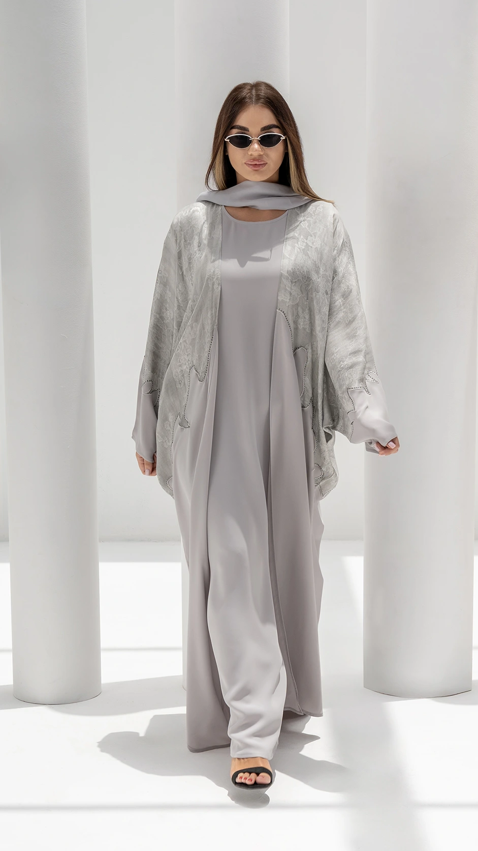 Bright Silver Embroidered Stone Abaya