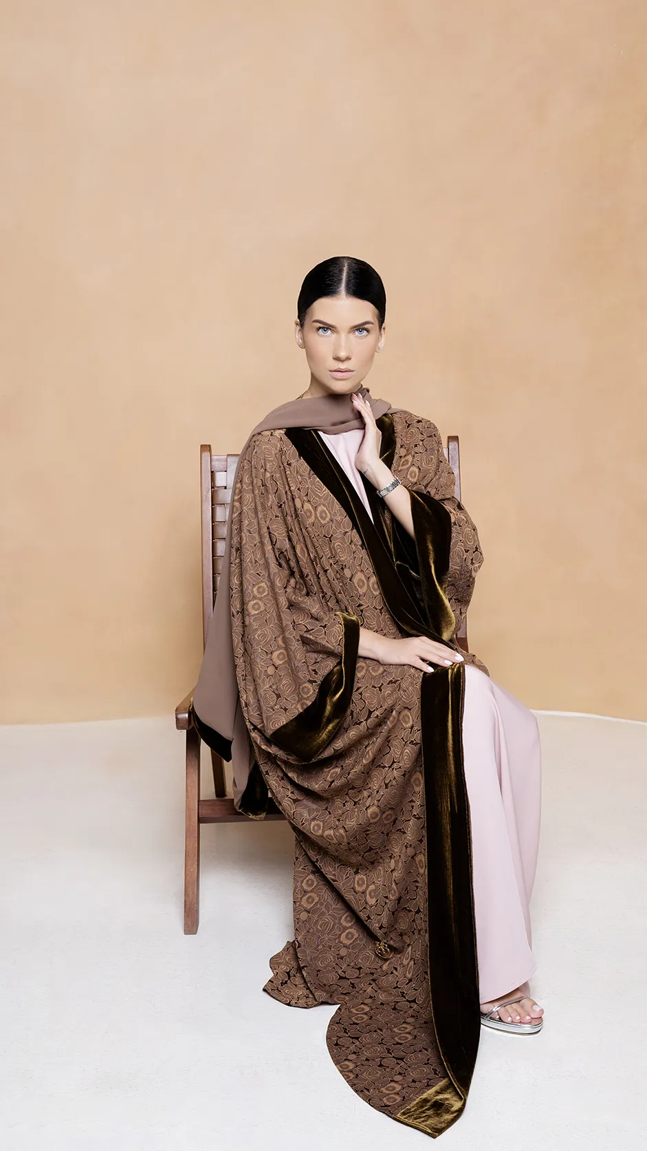 Caramel Brown Self-Printed Open Abaya