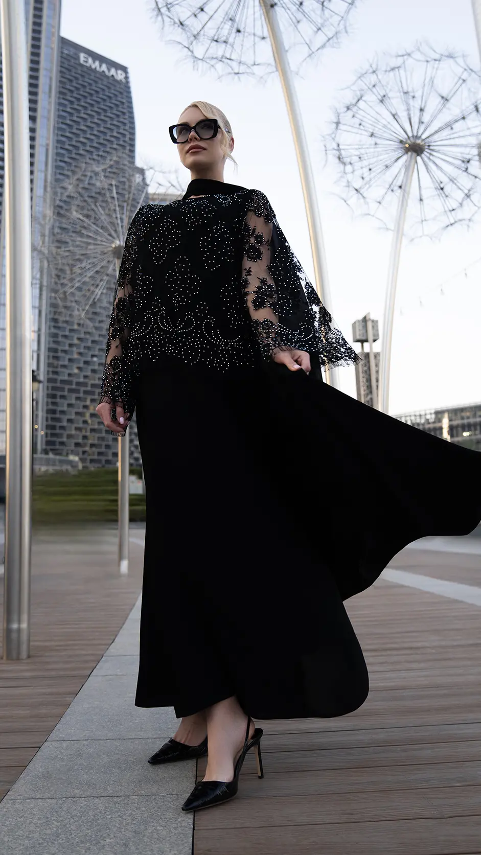 Closed Black Abaya with Stone Lace Overlay