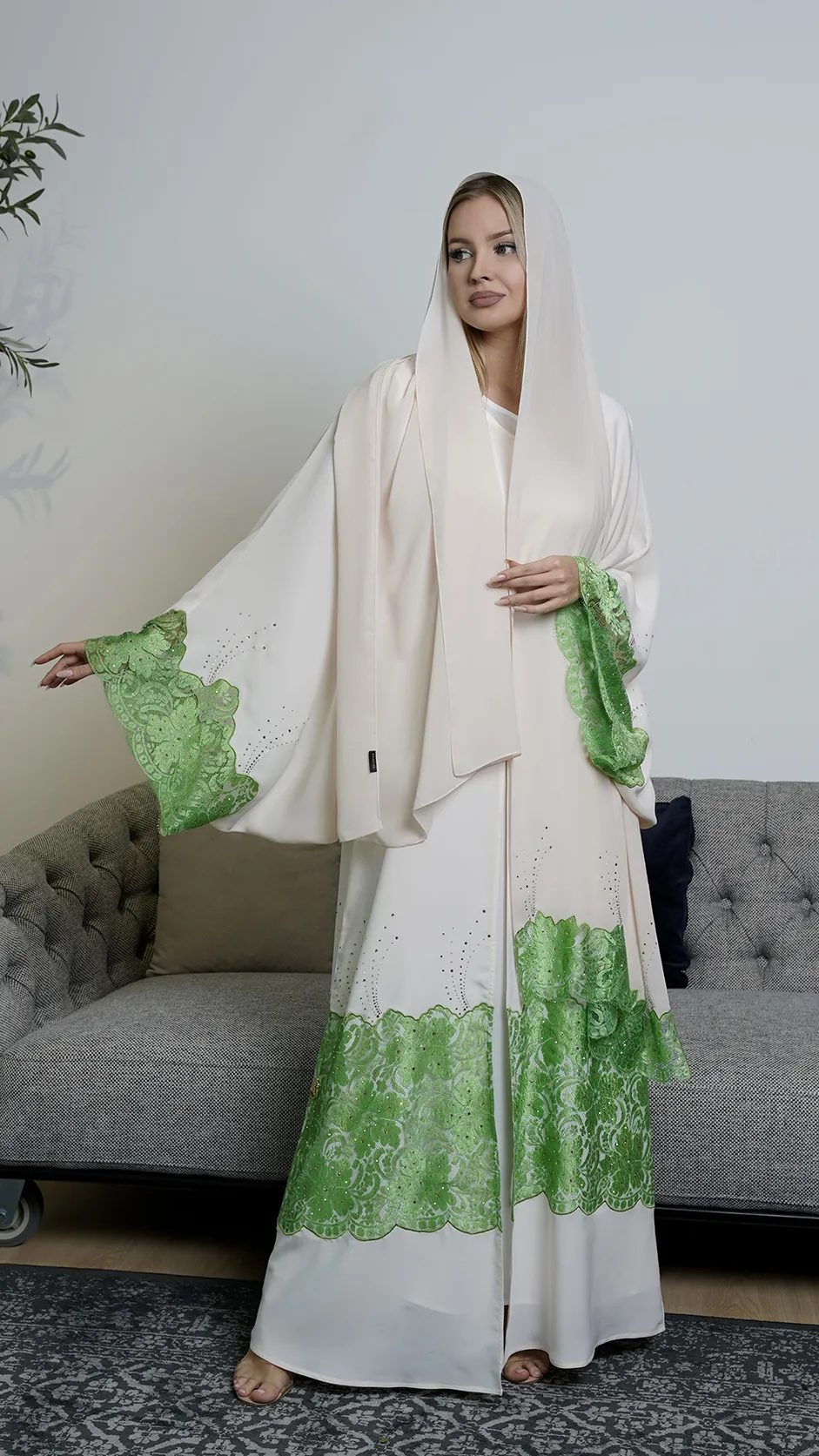 Colored Dantel Lace Abaya with Stones