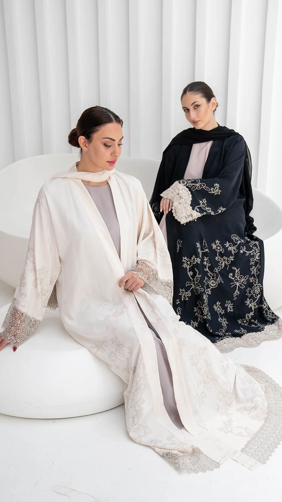 Embroidered Jacquard Abaya with Floral Lace