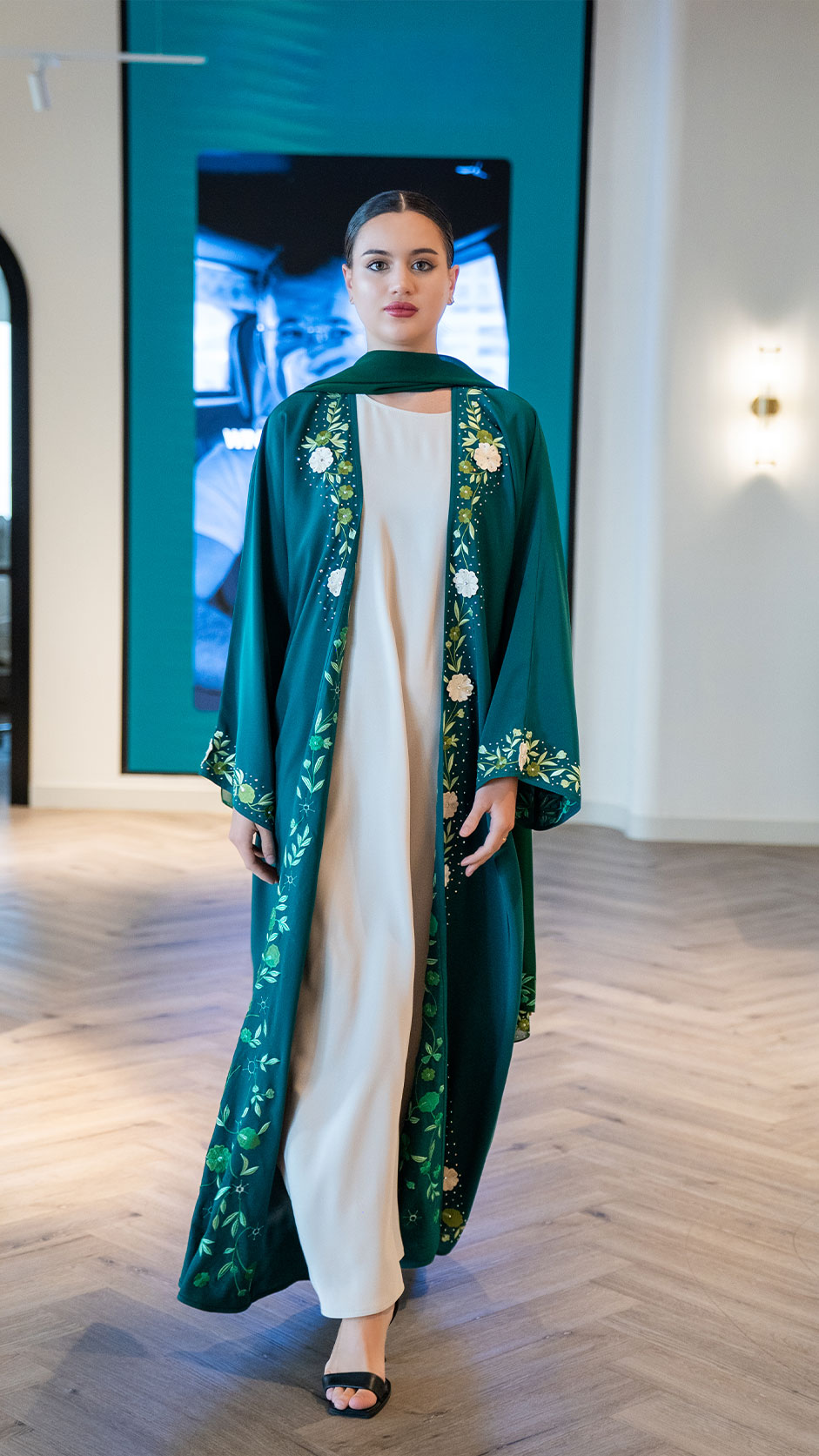 Forest Green Nida Embroidery Abaya with stones
