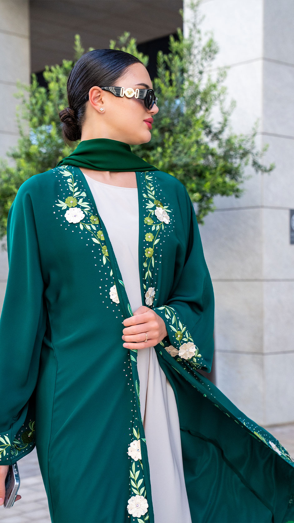 Forest Green Nida Embroidery Abaya with stones
