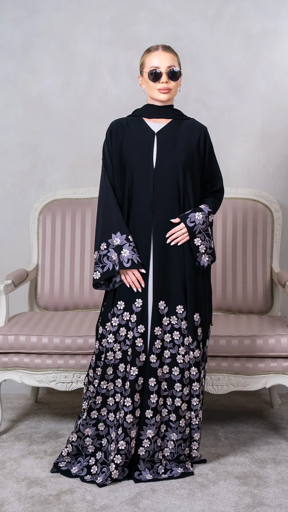 Floral Computer Machine Embroidery Abaya