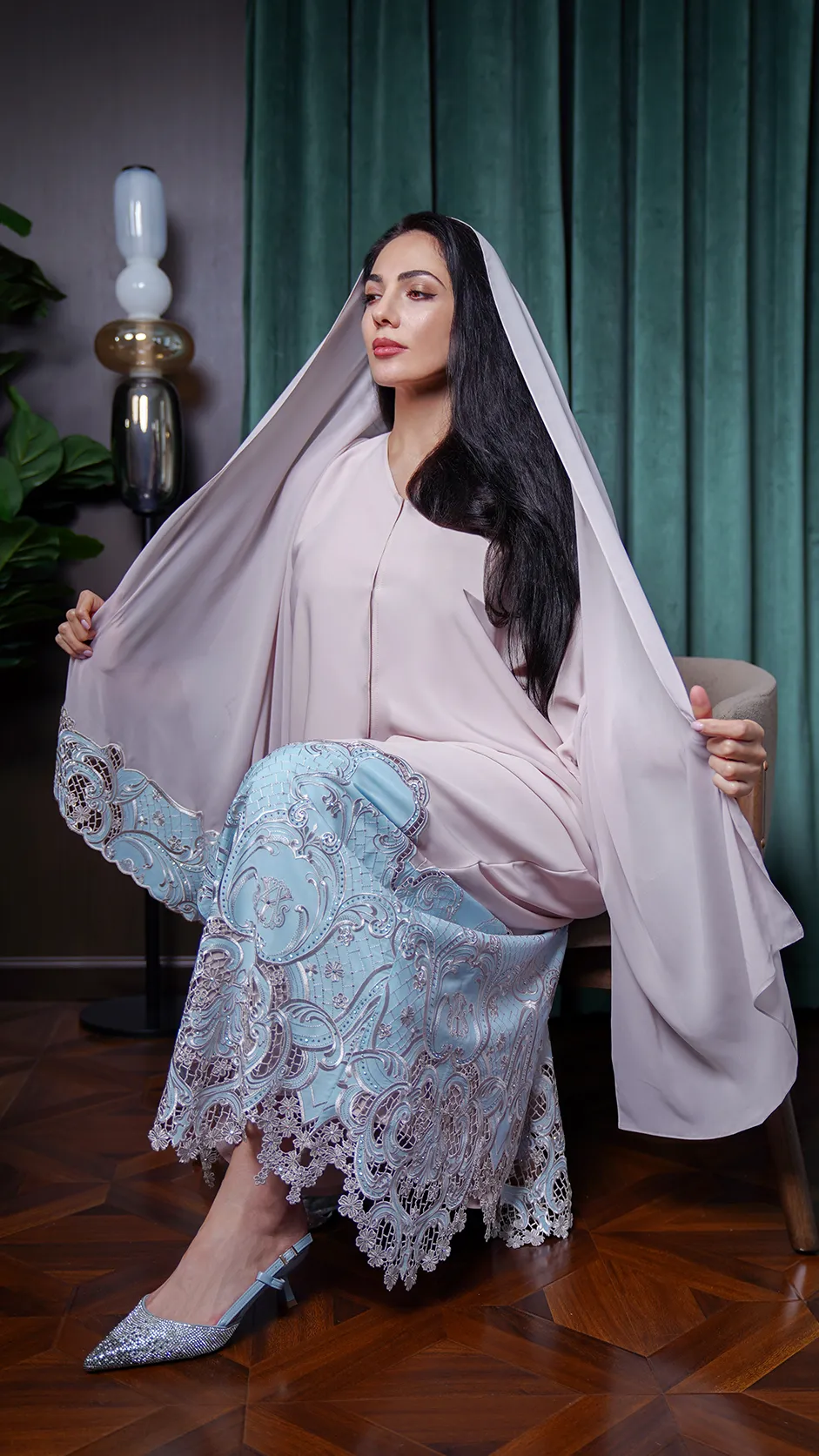 Floral Lace-embroidered Abaya with Stones