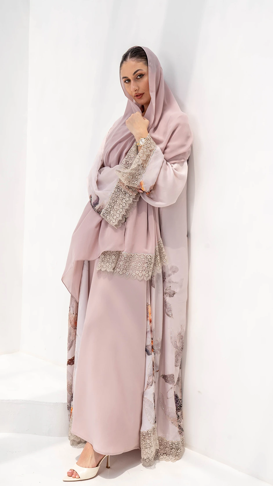 Floral Printed Silk Abaya with Lace Details