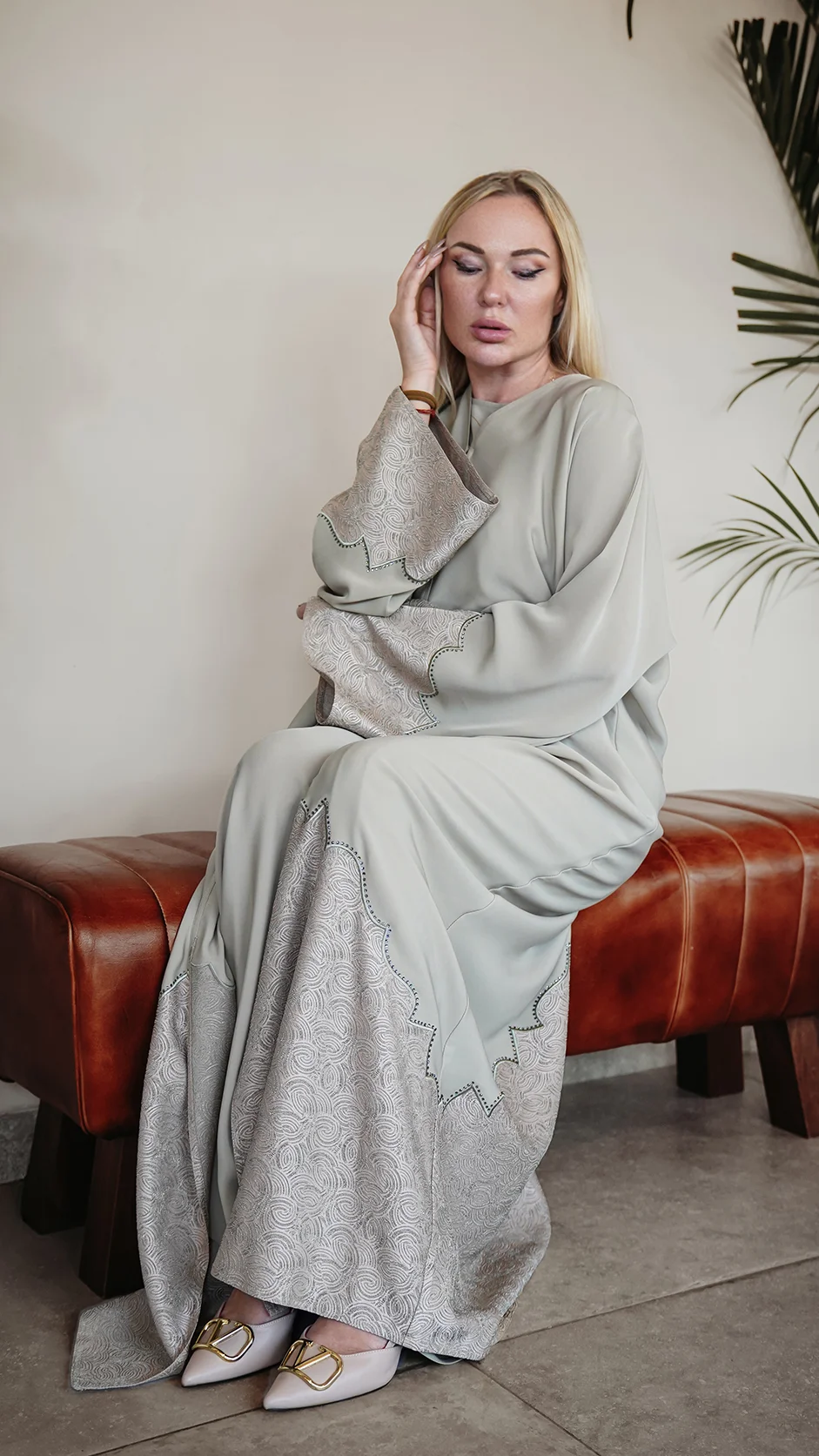 Gin Green Embroidered Open Abaya