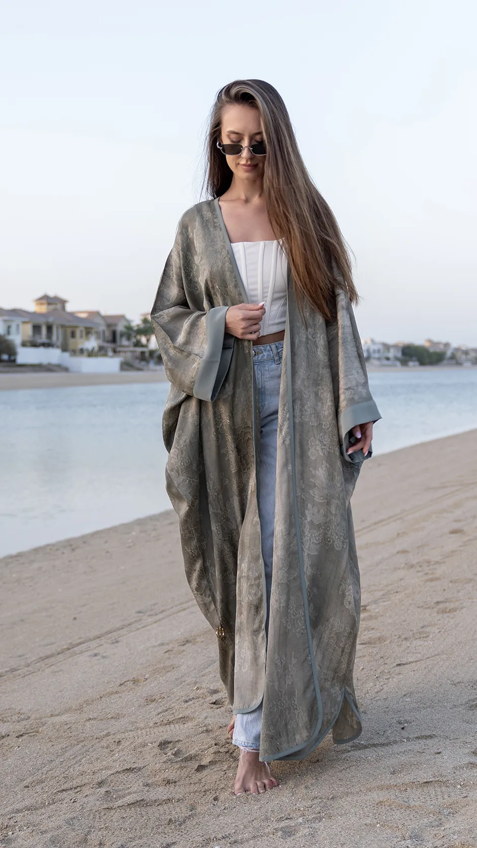 Linen Open Abaya with Piping