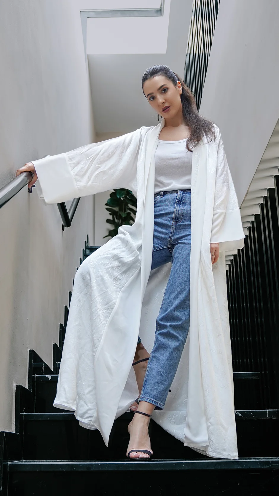 Half White Self-Printed Jacquard Open Abaya