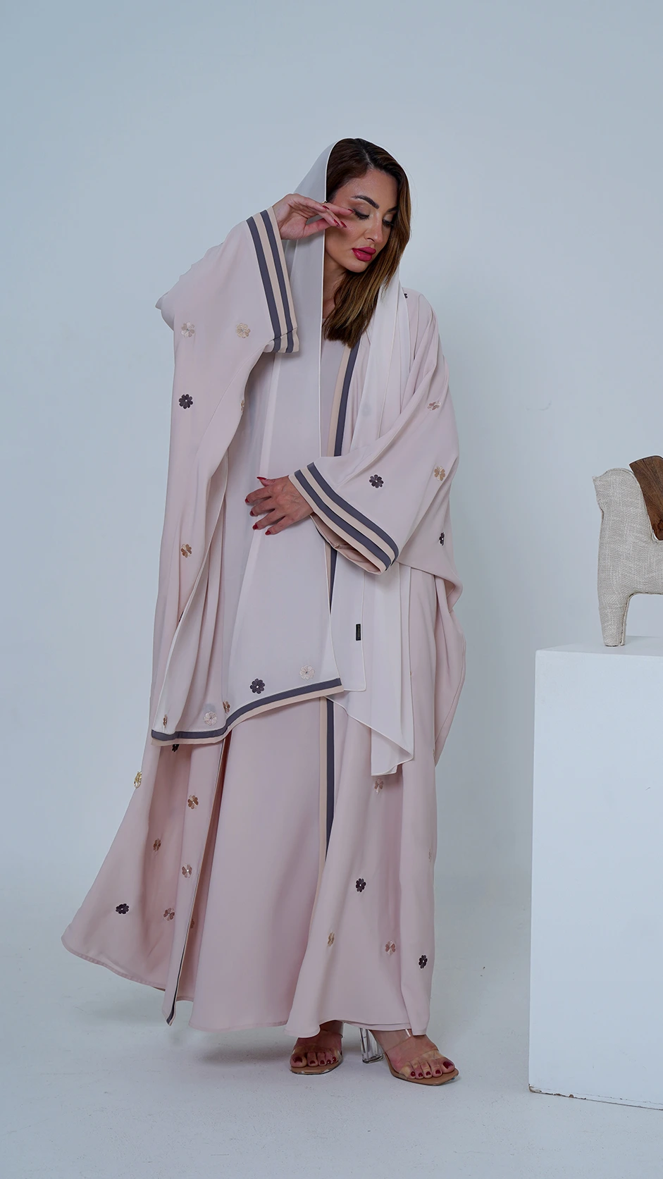 Light Beige Embroidered Farasha Abaya with Stones