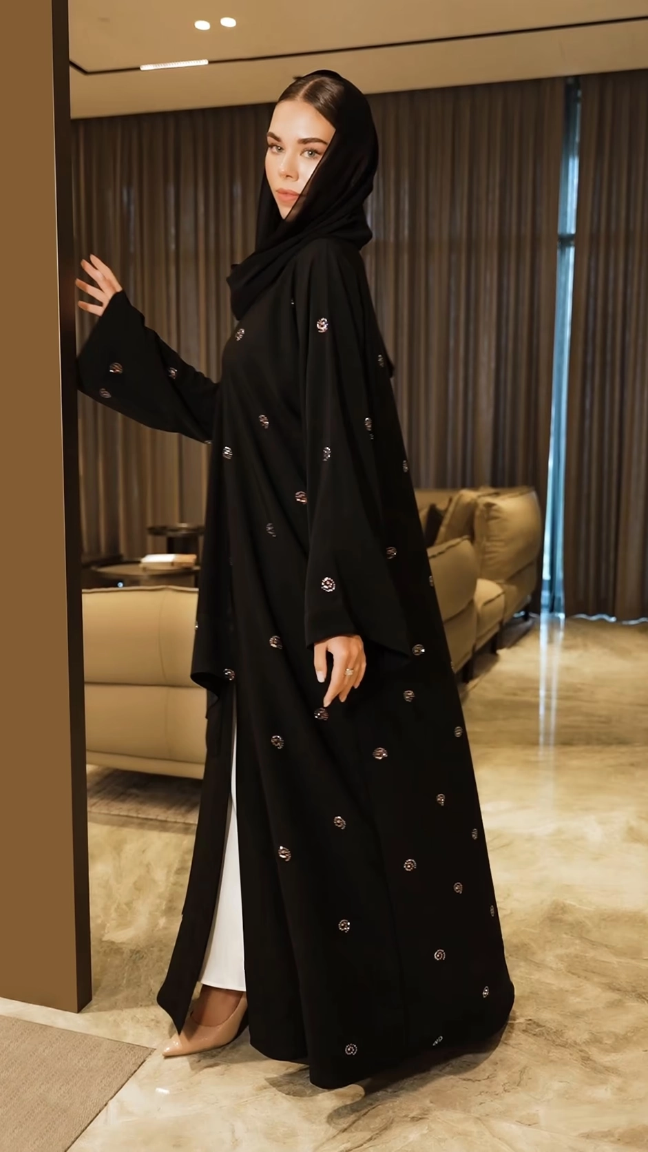 Luxurious Black Abaya with Scattered Stones
