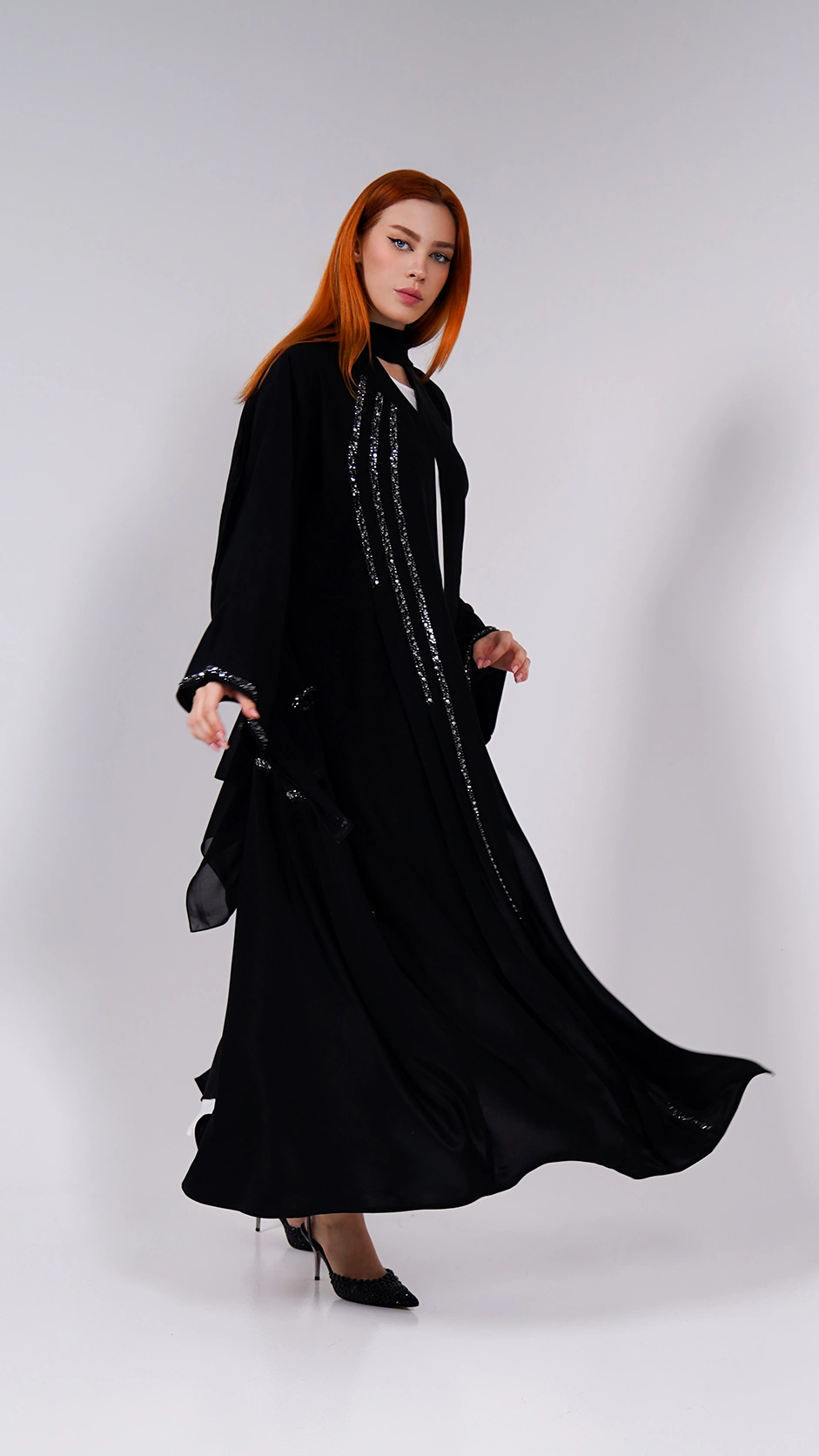Luxury Black Stone Work Open Abaya