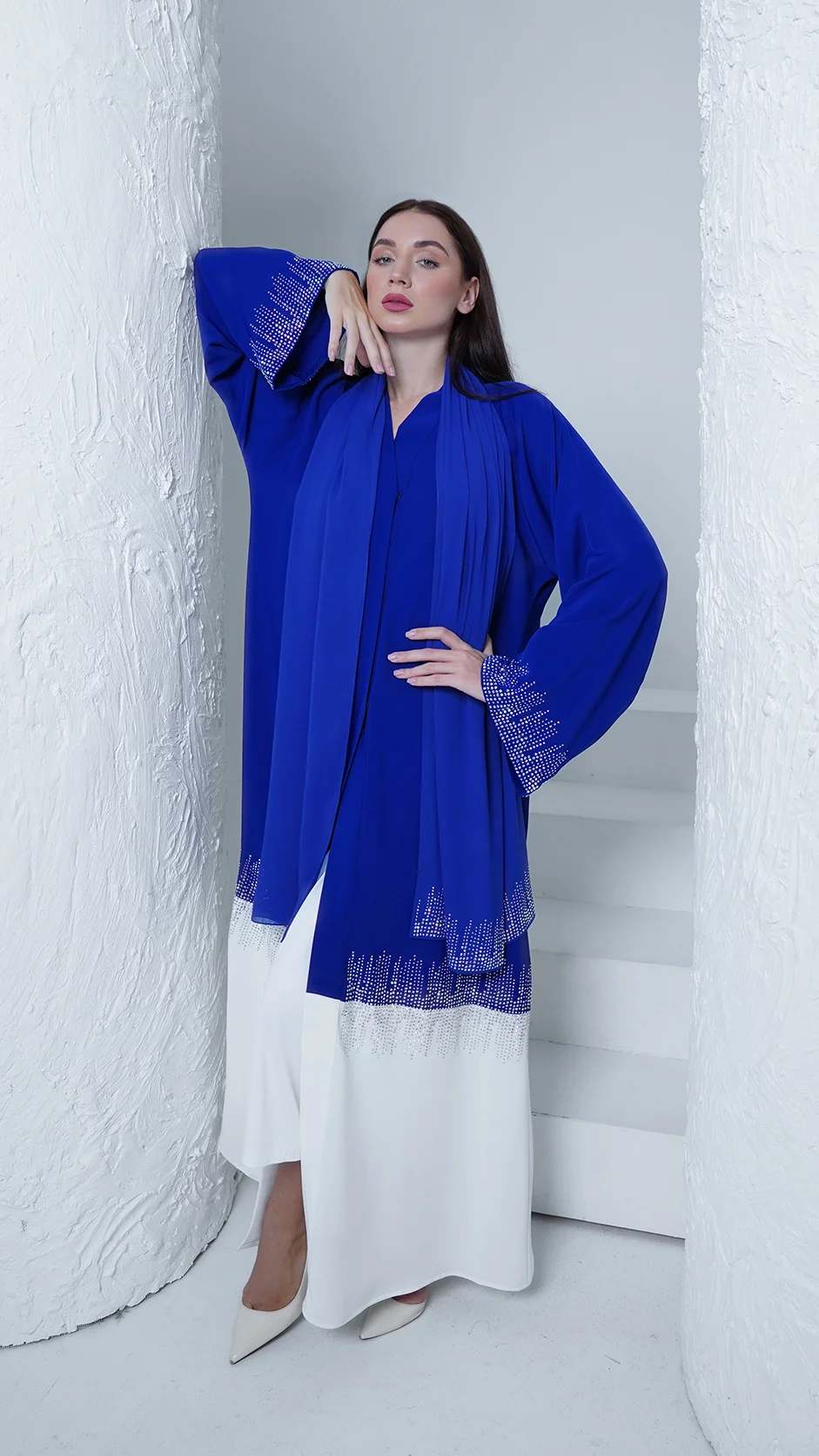 Luxury Dual Color Open Abaya with Stones