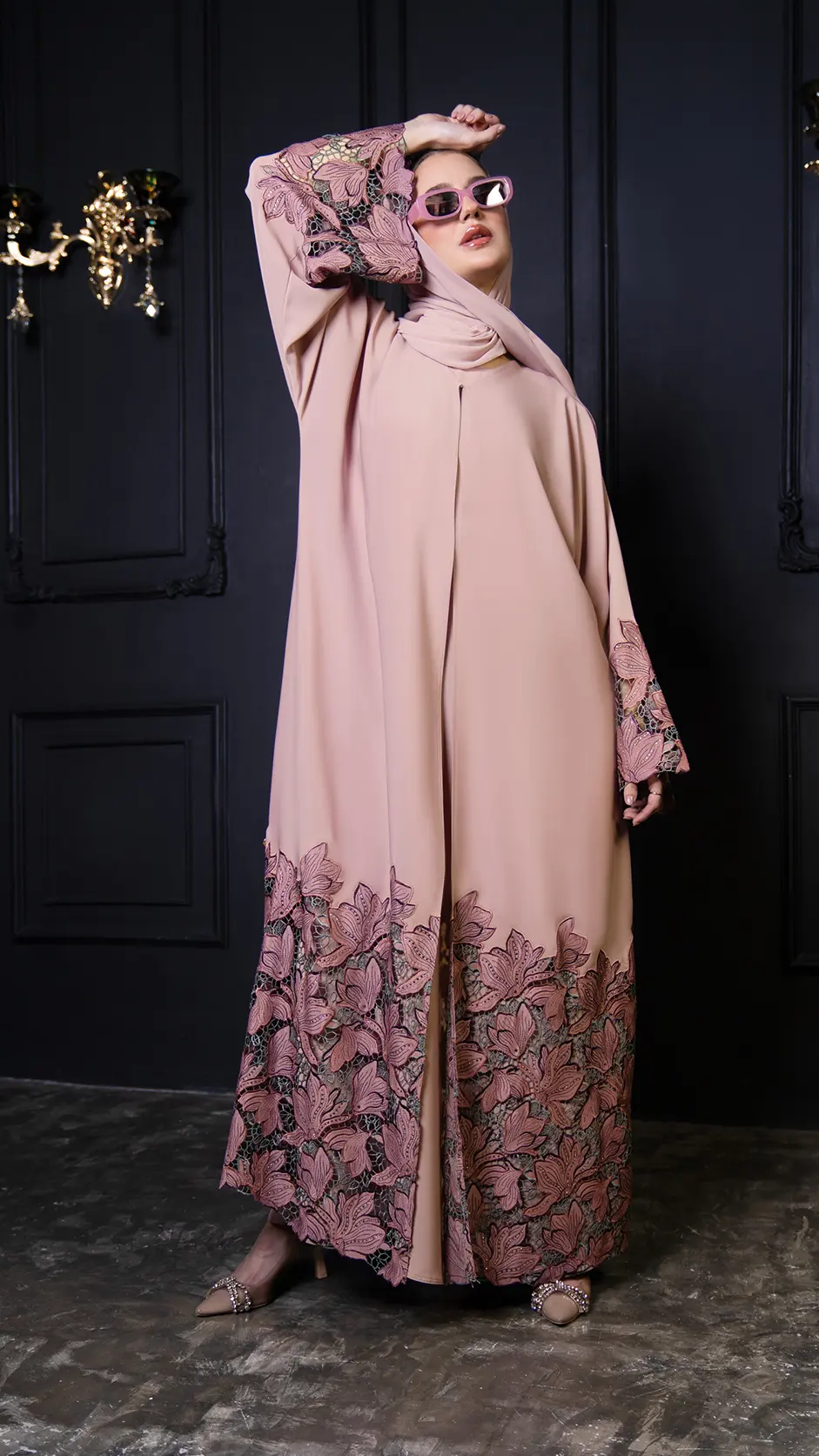 Luxury Floral Lace Open Abaya with Stones