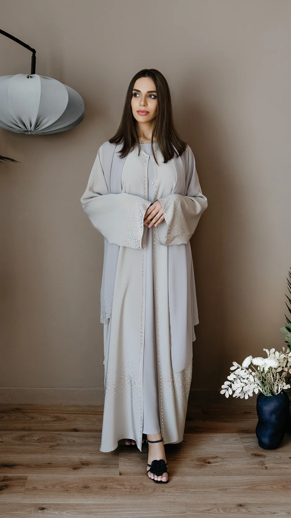 Luxury Pale Gray Open Abaya with Stones