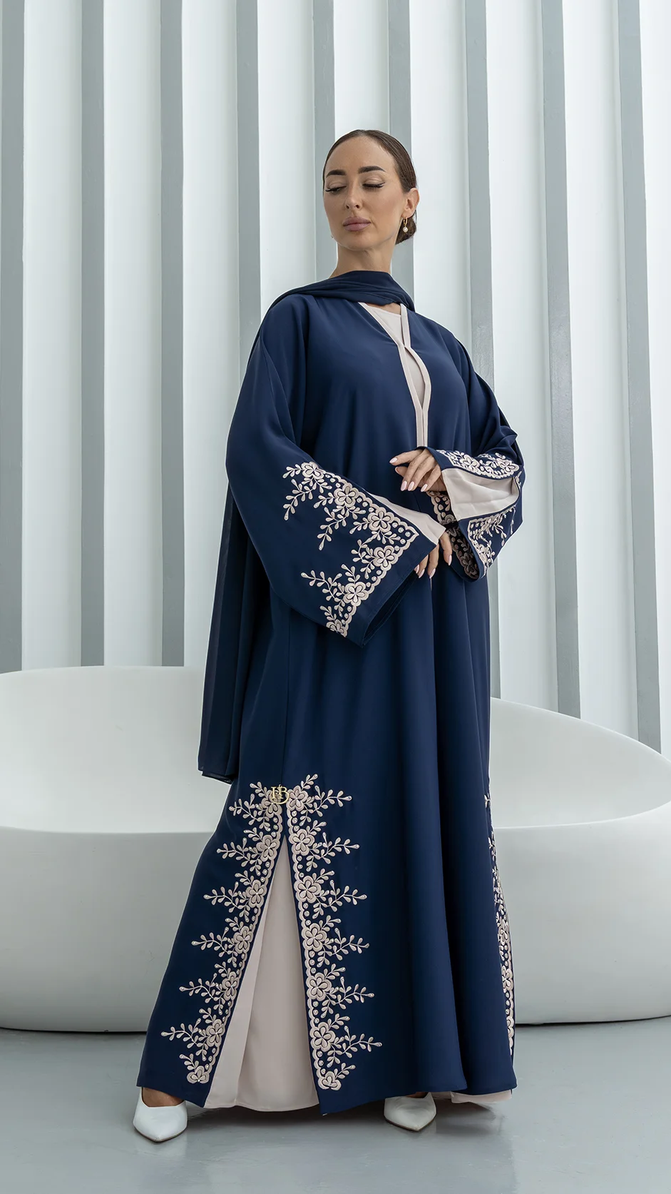 Navy Blue Embroidered Nida Abaya with Stones