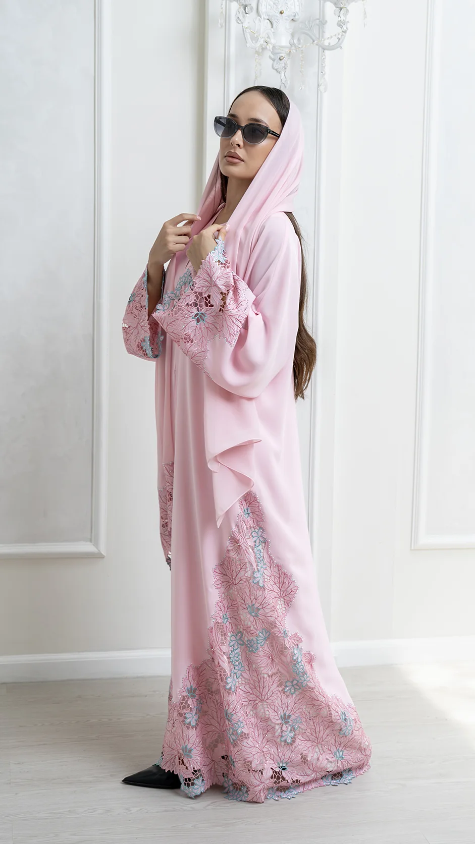 Floral Lace Open Abaya with Stones Floral Lace Open Abaya with Stones