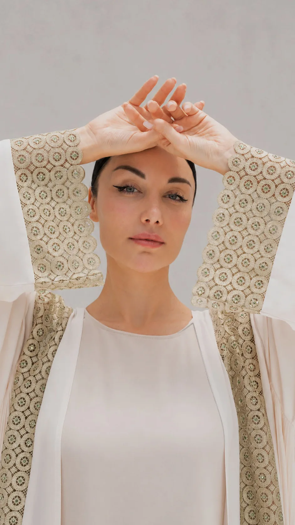 Pleated Lace Open Abaya with Stones
