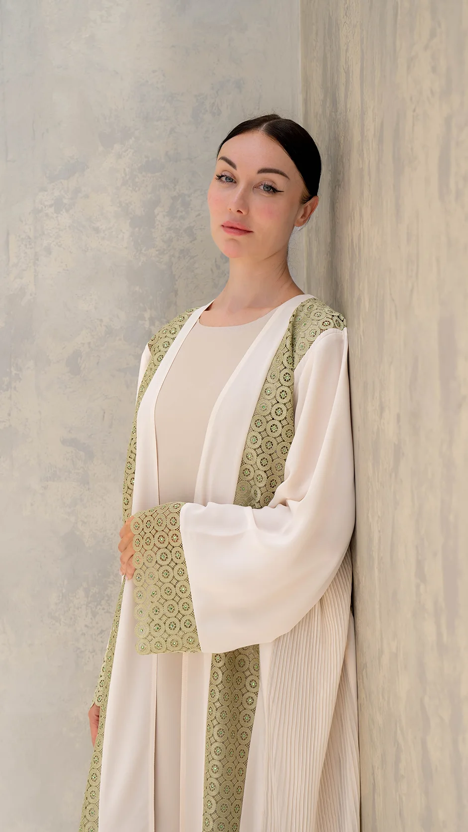 Pleated Lace Open Abaya with Stones