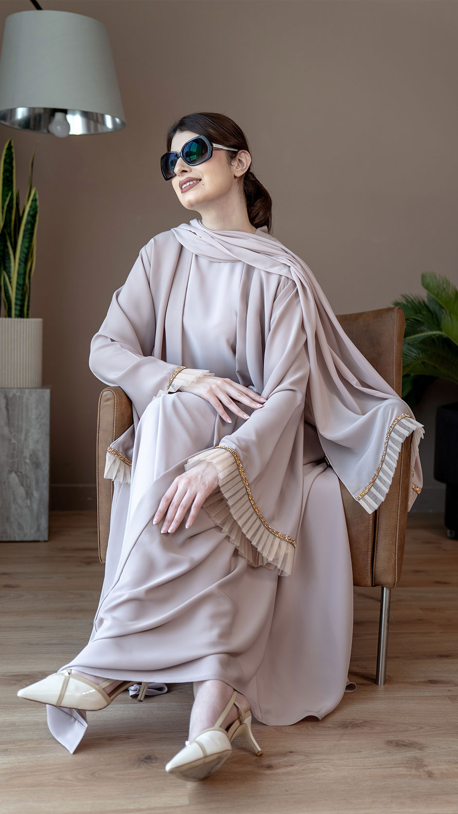 Pleated Sleeve Abaya with Stones
