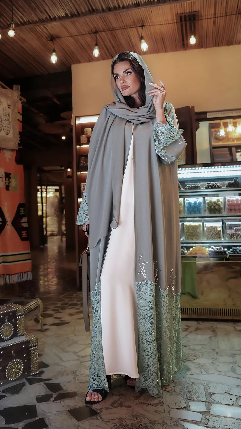 Premium Dantel Lace Embroidered Abaya with Stones