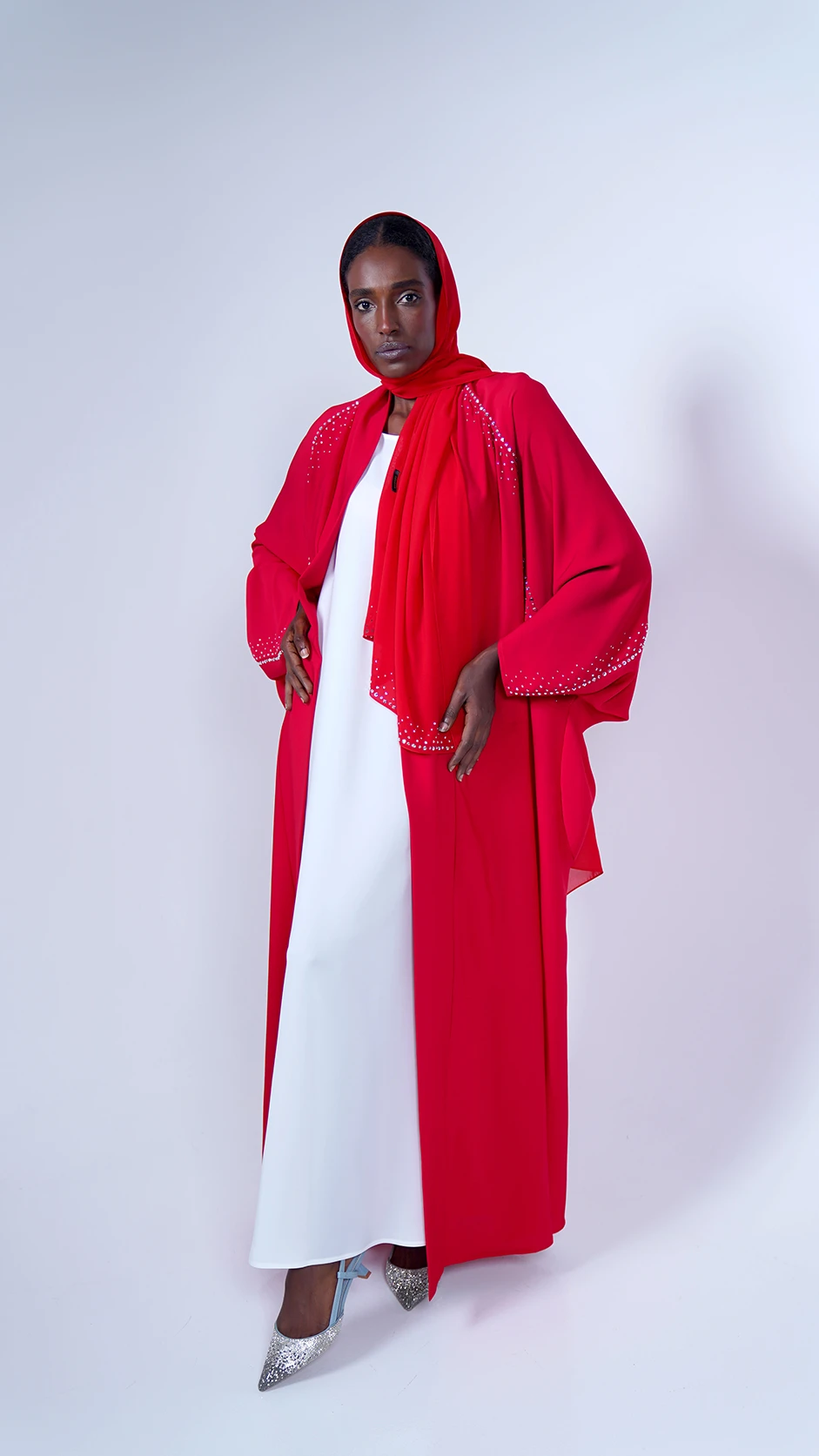 Premium Red Open Abaya with Stones