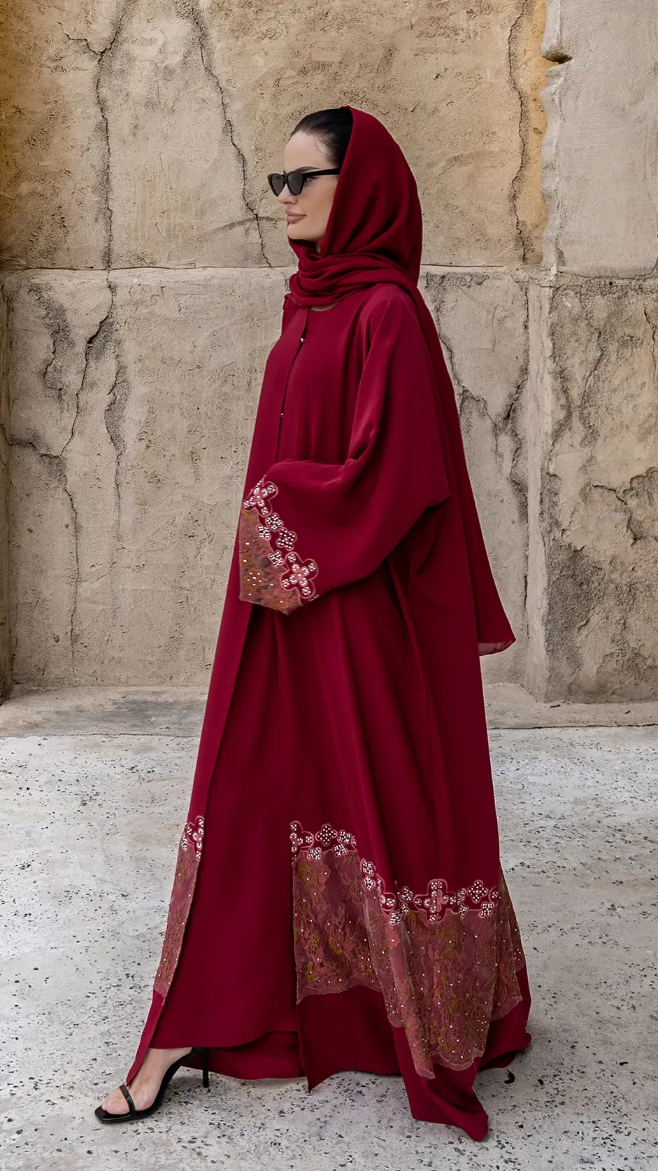 Colored Dantel Open Abaya with Stones Colored Dantel Open Abaya with Stones